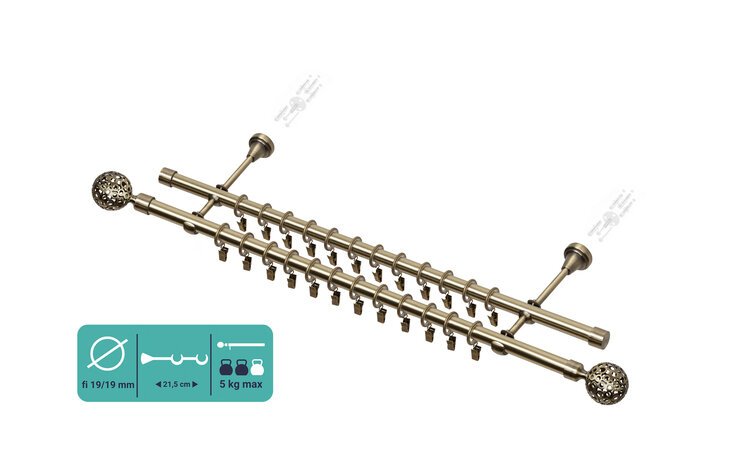 Karnisz podwójny metalowy fi 19 złoto antyk Ażur