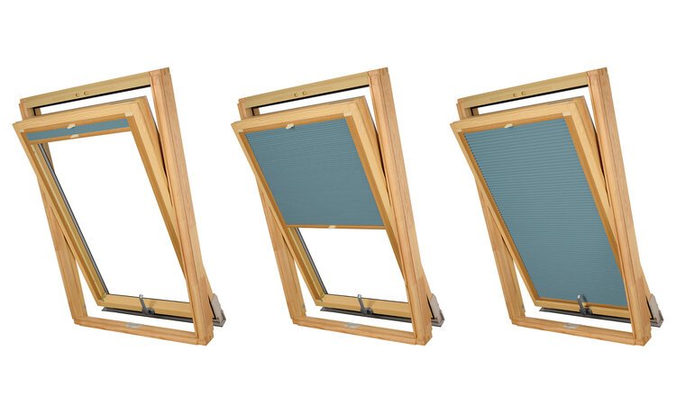 PLISA DACHOWA PLASTER MIODU DO OKNA VELUX MK06 TKANINA BŁĘKIT PROFIL SOSNA
