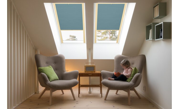 PLISA DACHOWA PLASTER MIODU DO OKNA VELUX MK08 TKANINA BŁĘKIT PROFIL SOSNA