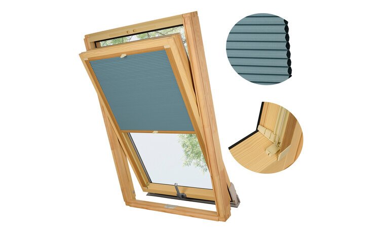 PLISA DACHOWA PLASTER MIODU DO OKNA VELUX MK08 TKANINA BŁĘKIT PROFIL SOSNA