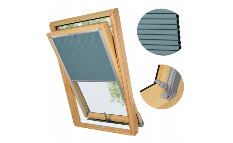 PLISA DACHOWA PLASTER MIODU DO OKNA VELUX MK08 TKANINA BŁĘKIT PROFIL SREBRNY ANODA