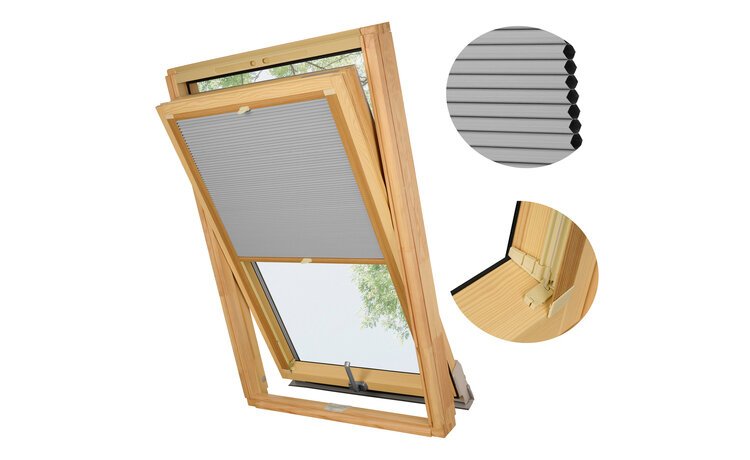 PLISA DACHOWA PLASTER MIODU DO OKNA VELUX MK08 TKANINA SZARA PROFIL SOSNA