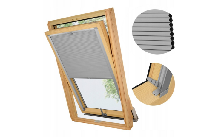 PLISA DACHOWA PLASTER MIODU DO OKNA VELUX MK08 TKANINA SZARA PROFIL SREBRNY ANODA